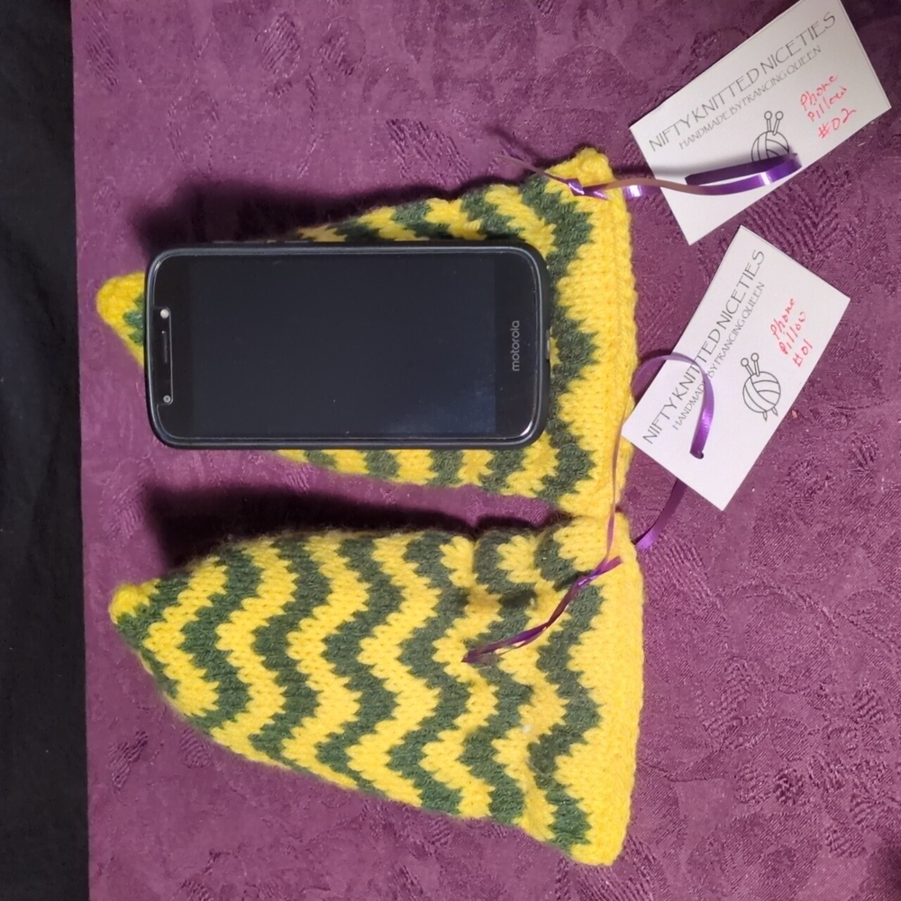 Hand Knit Stuffed Phone Pillow Zigzag Intarsia Yellow Green